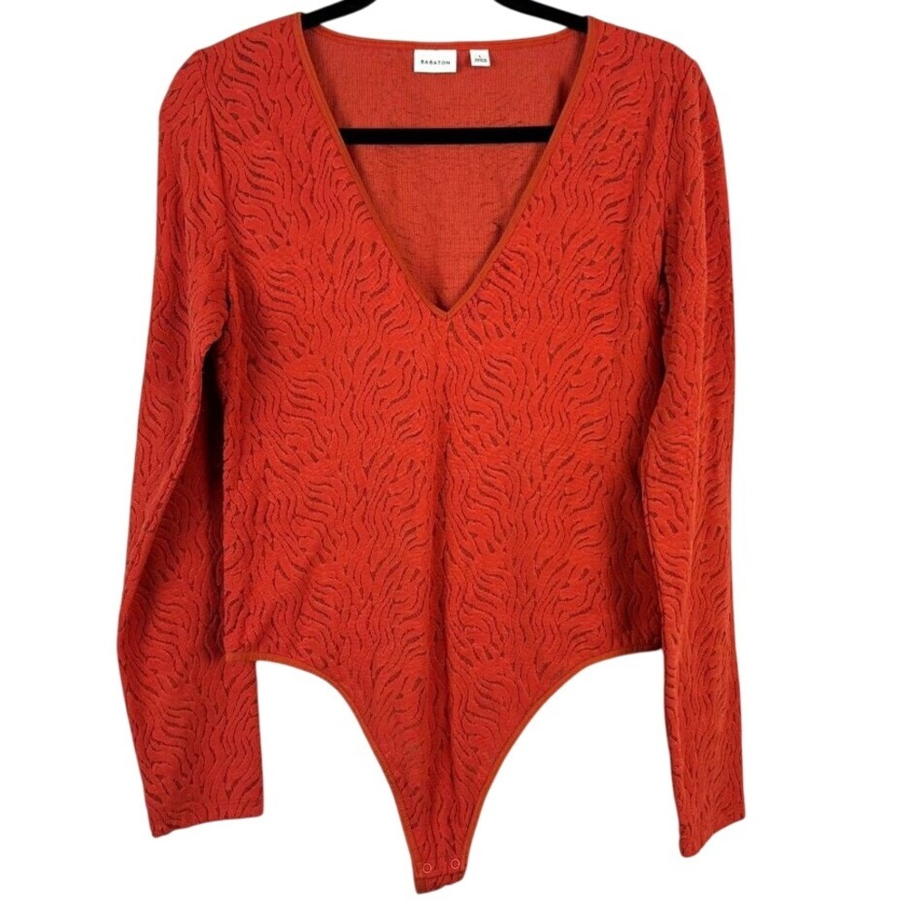 Babaton Contour Bodysuit Large Rust Orange Textured Long Sleeve V-Neck Bodycore
